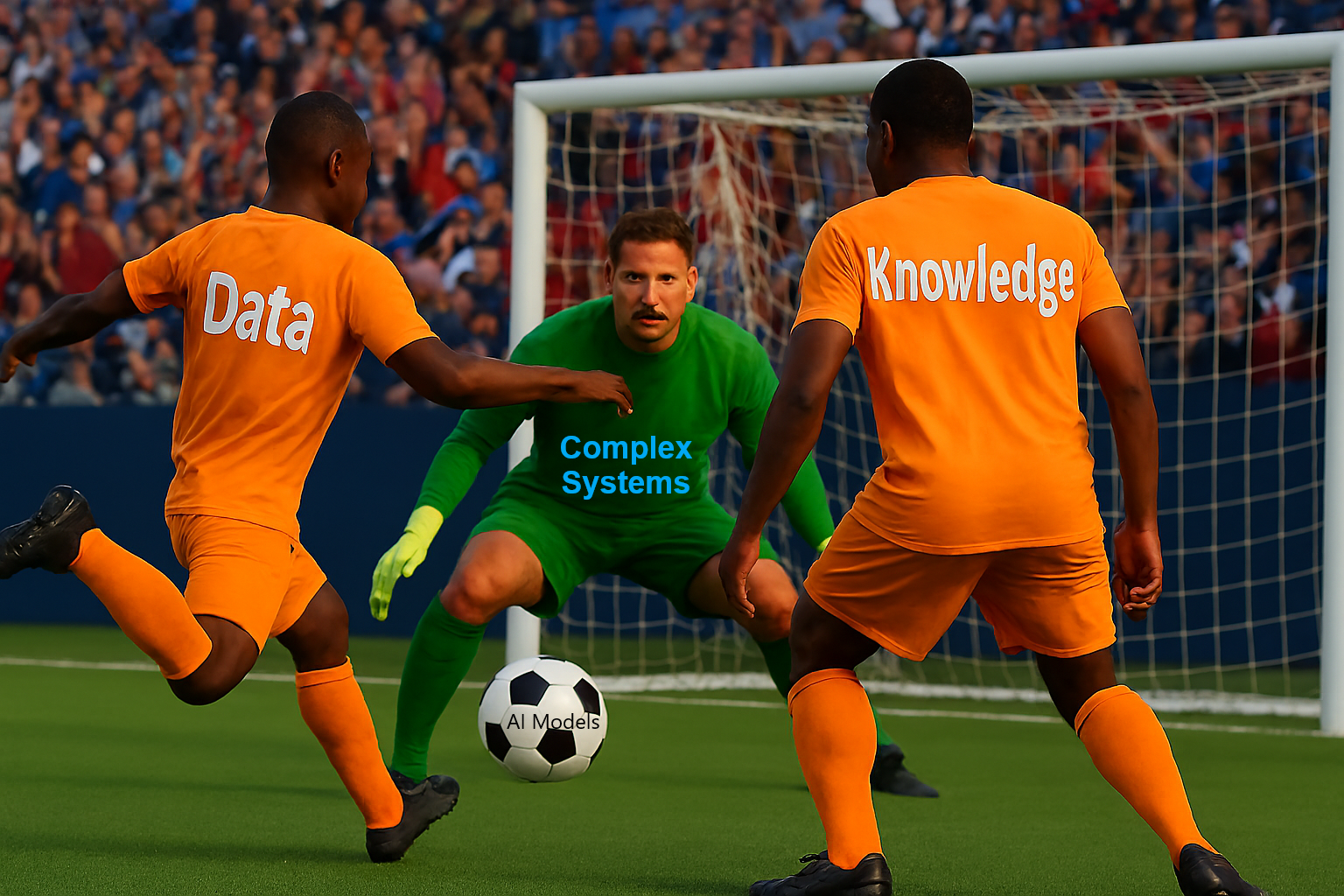 Data Science requires a team effort: Two soccer players working together to score a goal